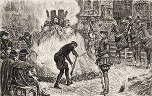 John Bland, John Frankesh, Nicholas Sheterden a Humphrey Middleton upáleni zaživa za kacířství v 16. století, kolem roku 1865 (dřevoryt) od English School