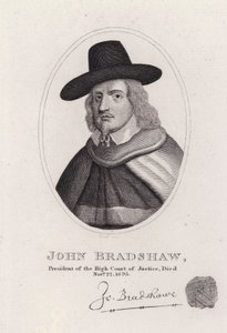 John Bradshaw, anglický soudce, který byl předsedou Nejvyššího soudu pro proces s králem Karlem I. v roce 1649 (rytina) od English School
