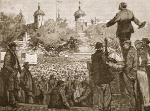 John Burns na shromáždění přístavních dělníků na Tower Hill, 1889, ilustrace z Cassells Illustrated History of England (sépiová fotografie) od English School