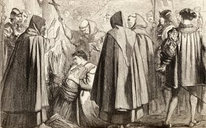 John Frith bude upálen na hranici za kacířství v roce 1533, kolem roku 1865 (dřevoryt) od English School