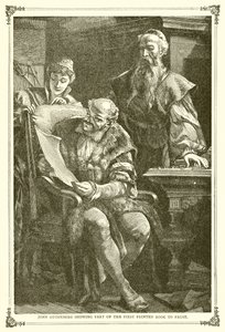 John Gutenberg ukazuje část První tištěné knihy Faustovi od English School