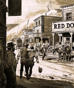 John Sutter objevil zlato v údolí Sacramento a začal velkou zlatou horečku v Kalifornii v roce 1847 (kvaš na papíře) od English School