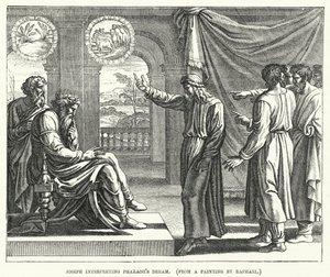 Joseph interpretující Faraonův sen, z obrazu od Raphaela (rytina) od English School