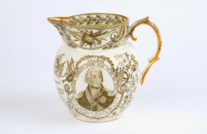 Džbán s přenášecími vzory připomínajícími bitvy a pocty Horatio Nelson (1758-1805) c.1805 (hliněné nádobí) od English School