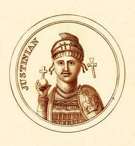 Justinian, ilustrace z The Universal Historical Dictionary od George Crabba, publikovaná v roce 1825 (digitálně vylepšený obrázek) od English School
