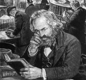 Karl Marx studuje a píše v čítárně Britského muzea od English School