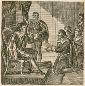 Král Karel I. obdržel petici od Dolní sněmovny, aby jim byla svěřena pravomoc vybírat armády (rytina) od English School