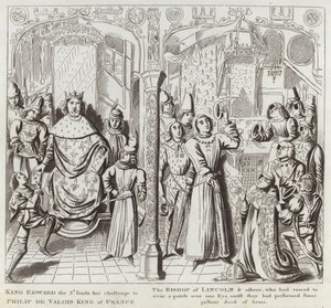 Král Edward Třetí posílá svou výzvu Filipu de Valois, králi Francie, biskupovi z Lincolnu a dalším, kteří se zavázali nosit nášivku přes jedno oko, dokud neprovedou nějaký Galluntský čin A. od English School