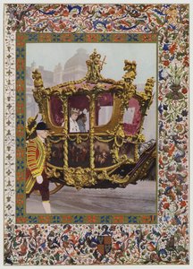 King George V a Queen Mary na koni ve State Coach (barva litho) od English School