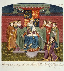 Král Jindřich VI. (1421-71) předkládá meč Johnu Talbotovi (asi 1388-1453) hrabě ze Shrewsbury, ilustrace z Úplného pohledu na šaty a zvyky anglického lidu, svazek II, vydáno 17. od English School