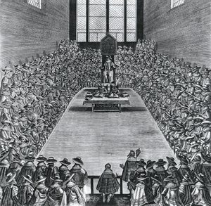 Král Jakub I. (1566-1625) v budově parlamentu, 1624 od English School