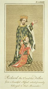Král Richard II. (1367-1400) se svým otcem Edwardem (1330-76) Černým princem, ilustrace z Úplného pohledu na šaty a zvyky anglického lidu, svazek II, vydané 1799 (barevné od English School