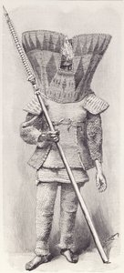Kingsmill Islander v plné zbroji, z Historie lidstva, svazek 1, od prof. Friedricha Ratzela, 1896 od English School