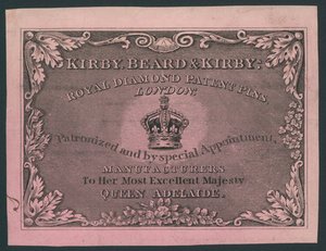 Kirby, Beard a Kirby, Royal Diamond Patent Pins, obchodní karta od English School