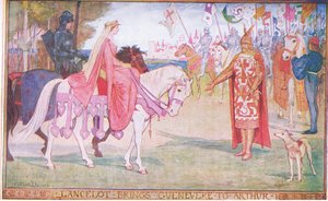 Lancelot přivádí Guenevere k Artušovi, ilustrace z knihy 
