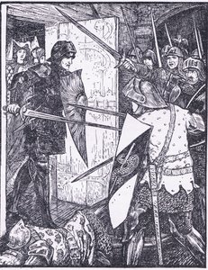 Lancelot vychází z Gueneverina pokoje, ilustrace z knihy 