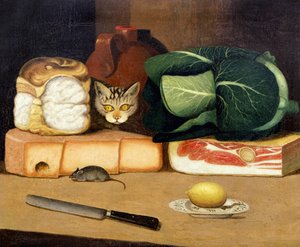 Splátkové zátiší s kočkou lovící myš, kolem roku 1840