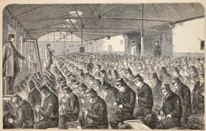 Velká dubová místnost (v rámci tichého systému) v nápravném zařízení Middlesex House of Correction, Coldbath Fields, ilustrace z knihy The Criminal Prisons of London and Scenes from Prison Life od Henryho Mayhewa a Johna. od English School