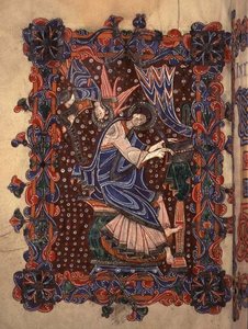 Lat 14782 f.16v St. Matouš píšící své evangelium, kolem 1080 (vellum) od English School