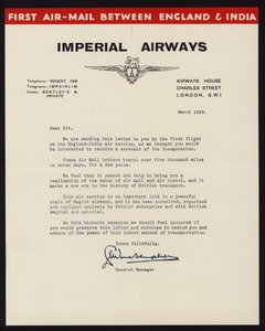 Zahájení první letecké poštovní služby mezi Anglií a Indií společností Imperial Airways v březnu 1929 (litho) od English School