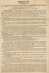 Leták vysvětlující rozhodnutí West London Lancasterian Association začít poskytovat dětem výuku, srpen 1813 od English School