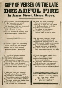 Leták s verši týkajícími se požáru v James Street, Lisson Grove, Londýn od English School