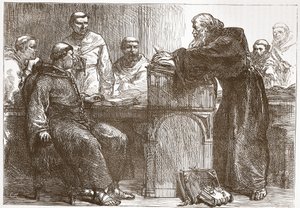 Lefevre přednáší na Sorbonně, ilustrace z Historie protestantismu od Jamese Aitkena Wylie (1808-1890), hospoda. 1878 od English School
