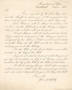 Dopis s podrobnostmi o uspořádání banketu v Guildhall v Londýně dne 9. listopadu 1868 od English School