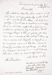 Dopis Karla II. kancléři lordu Clarendonovi, 7. června 1662 od English School