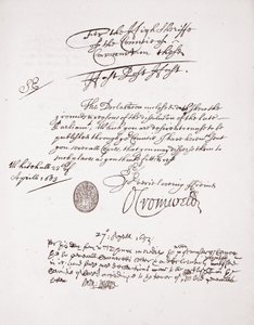 Dopis od Olivera Cromwella, duben 1653 od English School