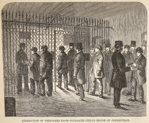 Osvobození vězňů z nápravného zařízení Coldbath Fields, ilustrace z knihy The Criminal Prisons of London and Scenes from Prison Life od Henryho Mayhewa a Johna Binnyho, vyd. 1862 od English School