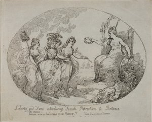Svoboda a sláva představující ženské vlastenectví; Britannia a vévodkyně z Devonshiru (rytina) od English School
