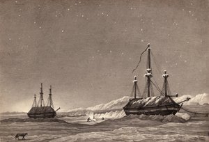 První plavba poručíka Williama Parryho: H.M.S. Hecla a H.M.S. Griper ve Winter Harbour, kolem roku 1819 (pero, inkoust a mytí na papíře) od English School