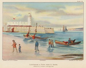 Maják a molo ze South Sands, Scarborough (barevná litografie) od English School