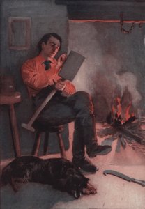Lincoln píše eseje na své dřevěné lopatě (litho) od English School