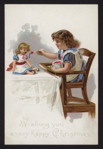 Holčička hrající si na krmení své panenky, vánoční blahopřání, konec 19. nebo začátek 20. století od English School