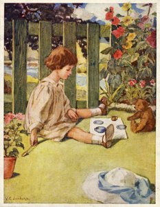 Holčička si hraje na čaj na zahradě se svým plyšovým medvídkem (barva litho) od English School