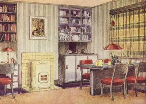 Obývací pokoj s jídelním koutem a krbem na tuhá paliva (barva litho) od English School