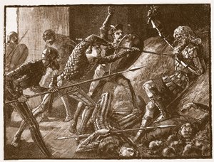 Llewelynův poslední boj, ilustrace z Cassells Illustrated History of England (sépiová fotografie) od English School