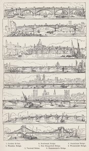 London Bridge, Southwark Bridge, Blackfriars Bridge, Waterloo Bridge, New Hungerford Bridge, Westminster Bridge, Vauxhall Bridge, Hammersmith Bridge (rytina) od English School