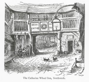 Londýnské kluby: Catharine Wheel Inn, Southwark (rytina) od English School