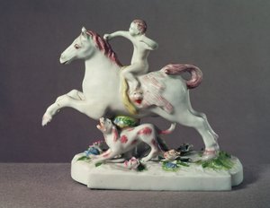 Figurka Amora jedoucího na koni z Longton Hall, cca 1755 (porcelán)