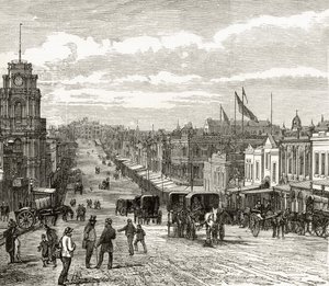Pohled na východ po Bourke Street, Melbourne, kolem roku 1880, z 