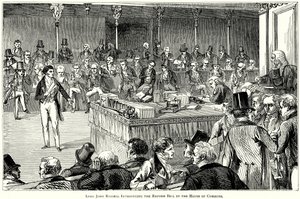 Lord John Russell při představování návrhu zákona o reformě v Dolní sněmovně (rytina) od English School