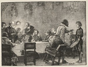 Lord Monteagle a varovný dopis o spiknutí střelného prachu, ilustrace z Cassells Illustrated History of England (sépiová fotografie) od English School
