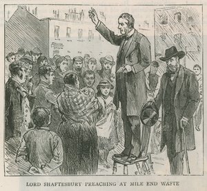 Lord Shaftesbury káže v Mile End Waste v Londýně od English School