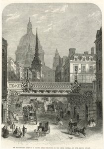 Ludgate Hill, železniční most, který se chystá postavit společnost London, Chatham and Dover Railway Company od English School