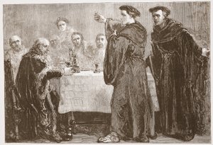 Luther vyzývá Carlstadta, aby proti němu psal, ilustrace z Historie protestantismu od Jamese Aitkena Wylie (1808-1890), hospoda. 1878 od English School