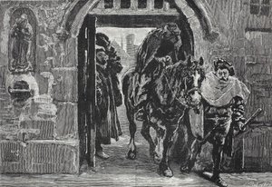 Luther na útěku z Augsburgu, ilustrace z Dějin protestantismu od Jamese Aitkena Wylie (1808-1890), hospoda. 1878 od English School