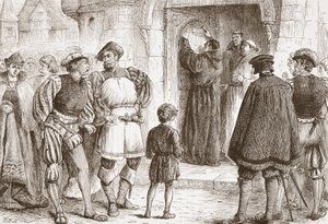 Luther přibíjející své teze na dveře zámku Schloss-Kirk ve Wittembergu, ilustrace z Dějin protestantismu od Jamese Aitkena Wylie (1808-1890), hospoda. 1878 od English School